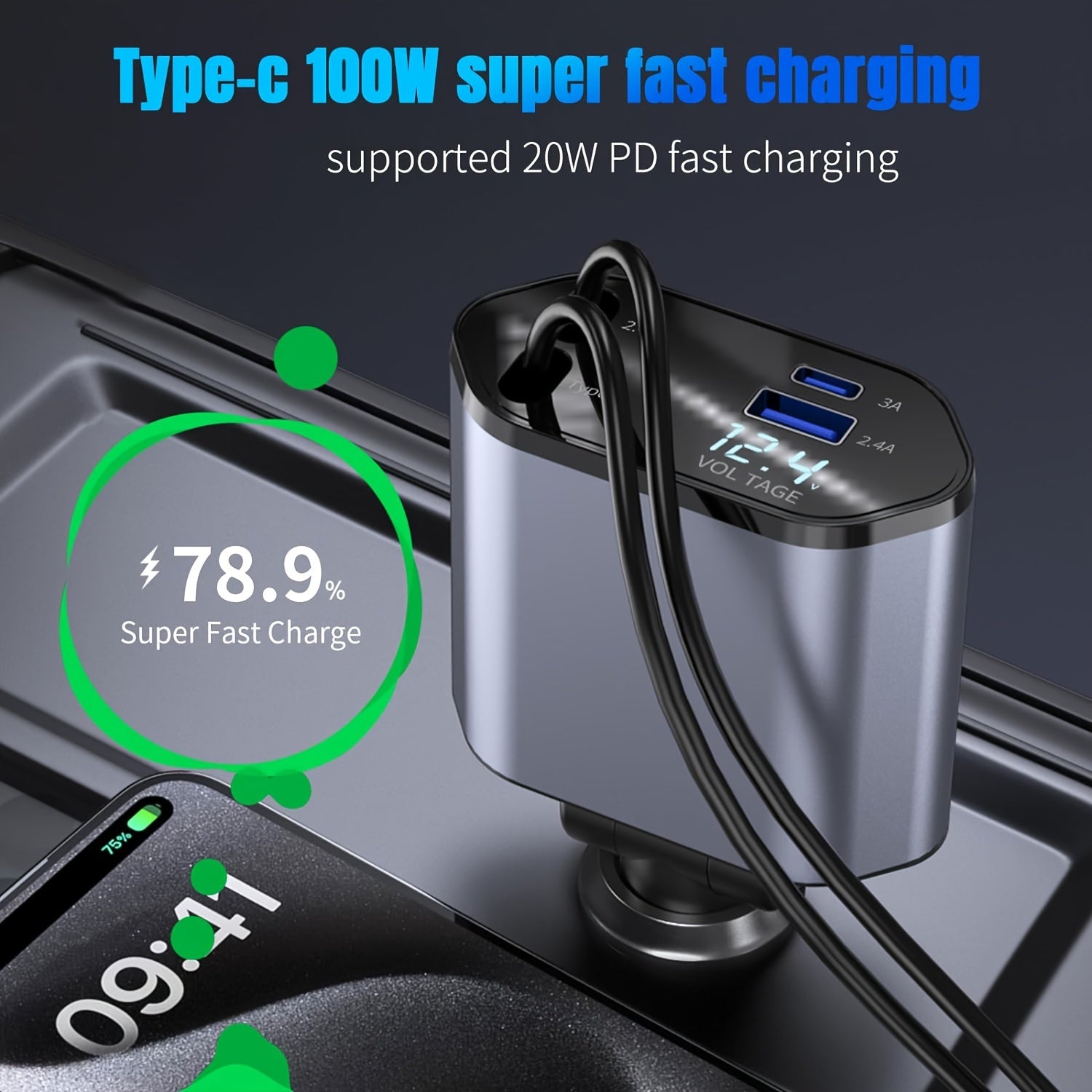 Car charger with digital display and fast charging indicators on a dark background
