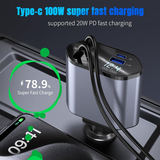 Car charger with digital display and fast charging indicators on a dark background